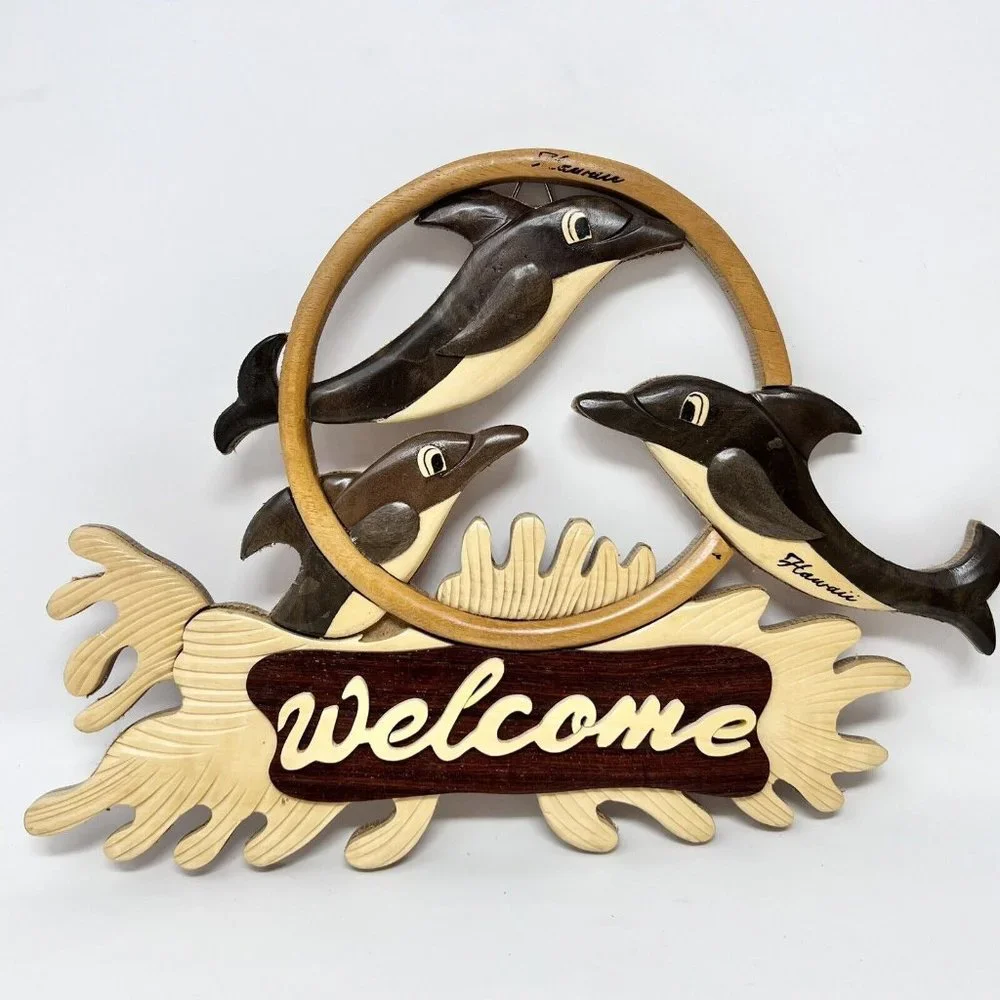 Hawaii Welcome Dolphin Wall Art of Mixed Woods 3D Dimensional - NEW